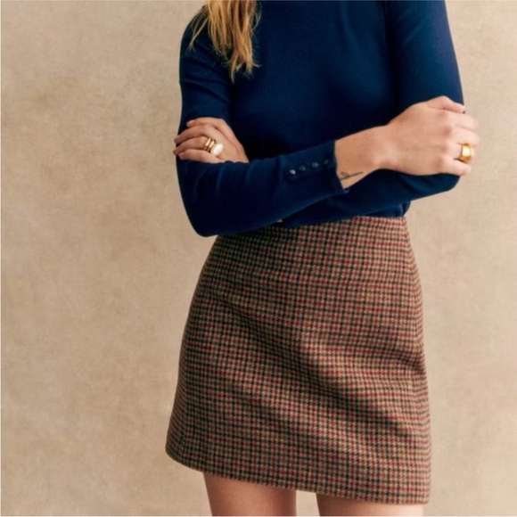 Sezane Malia Houndstooth Mini Skirt Plaid Wool Brown Navy Blue Size Small Fr 34 - Picture 3 of 14